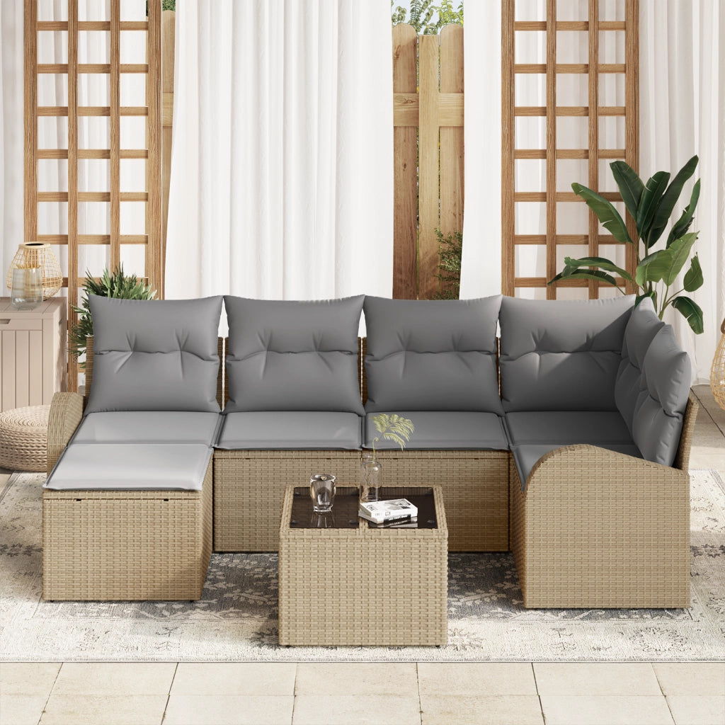 Set divano giardino 7 pezzi con cuscini neri in polyrattan