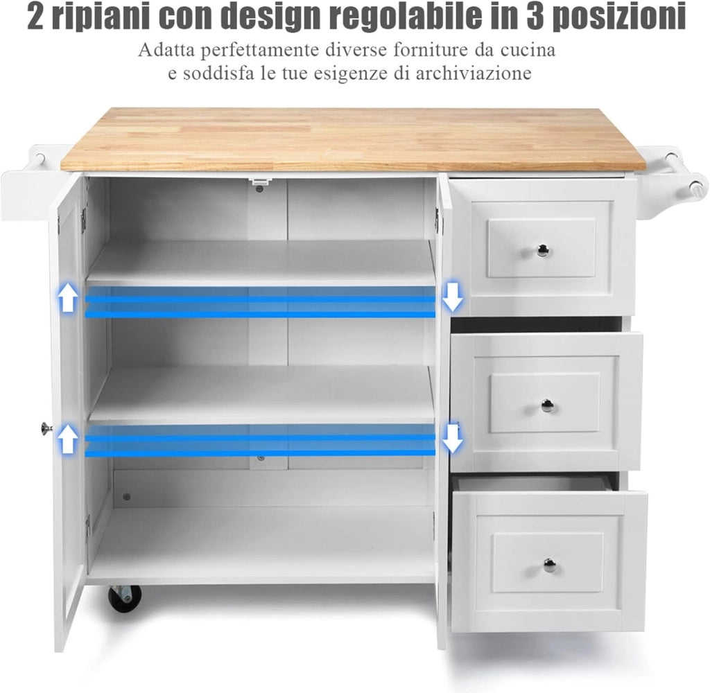 Carrello da Cucina in Legno, Credenza Cucina Salvaspazio con Mensole Regolabili, Armadietto per Microonde con Cassetti, 136 x 76 x 91 cm (Bianco)