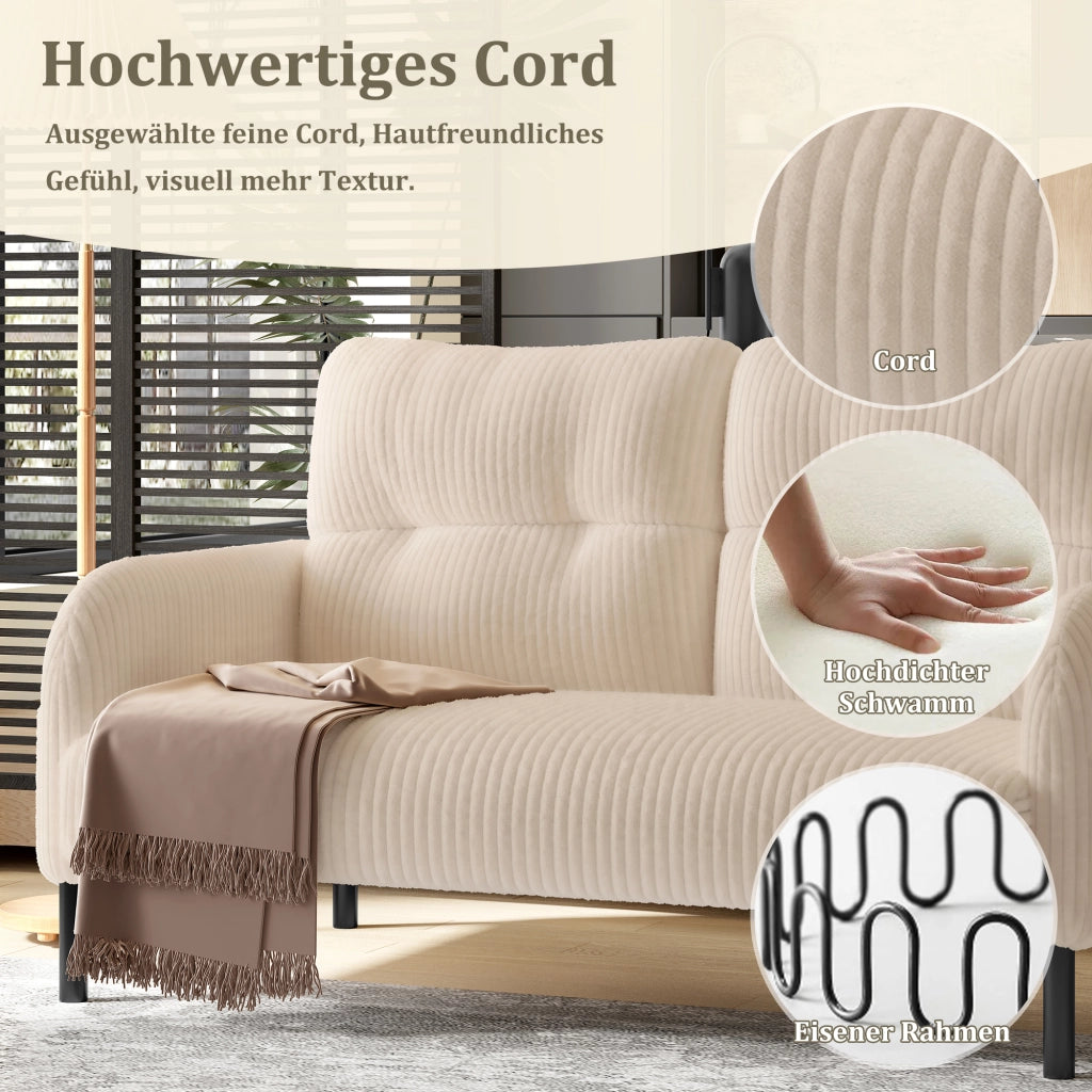 Divano Lineare 2 Posti con Tasca Laterale Schienale Alto Ergonomico Piedini in Metallo in Velluto a Coste Beige