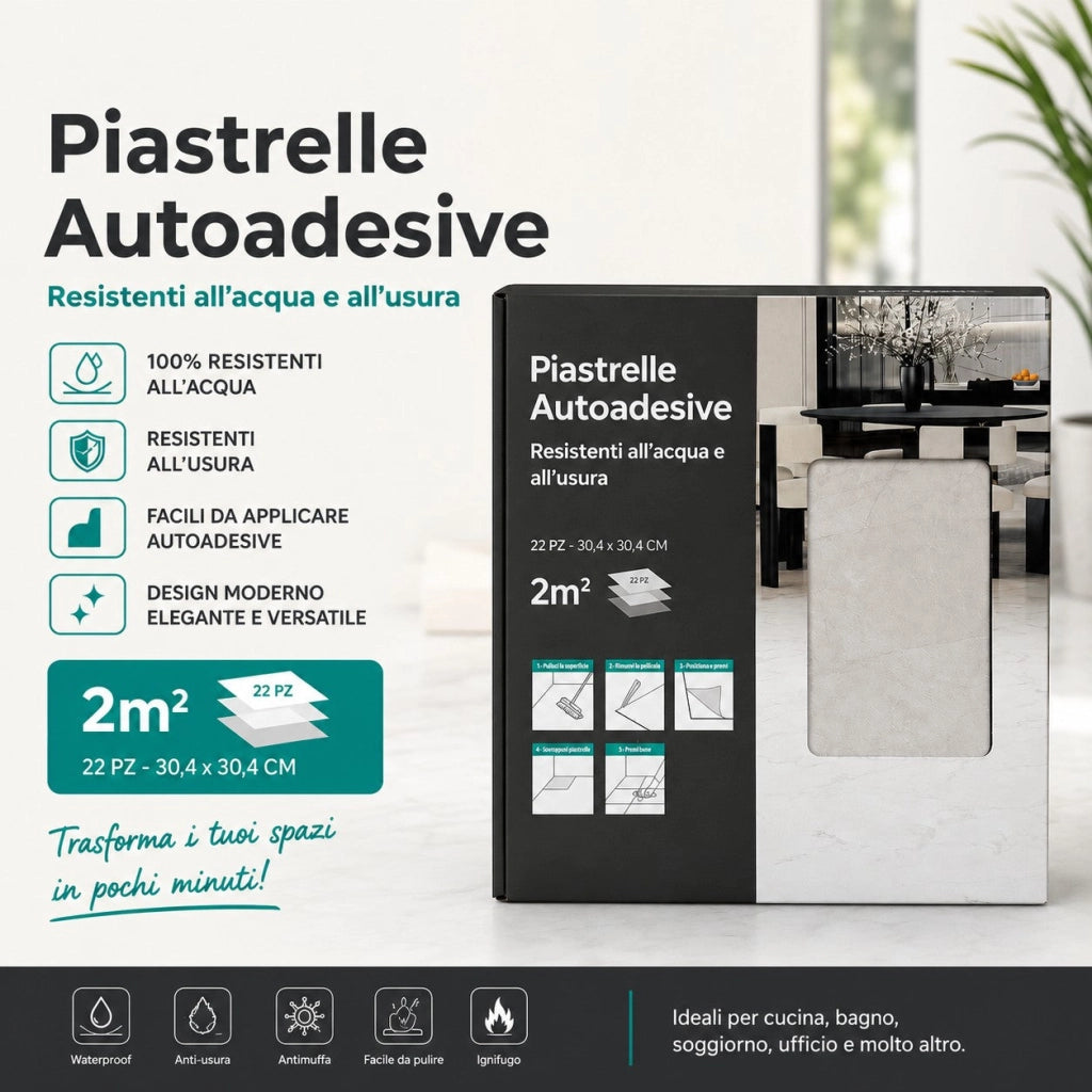 Set 22 Piastrelle Autoadesive per Pavimento e Parete 30x30 cm 2 mq in LTV PVC Effetto Marmo Beige