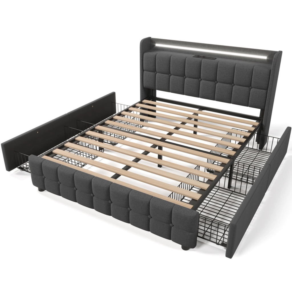 Letto contenitore 140x200 cm con LED; USB; 4 cassetti e testiera; grigio