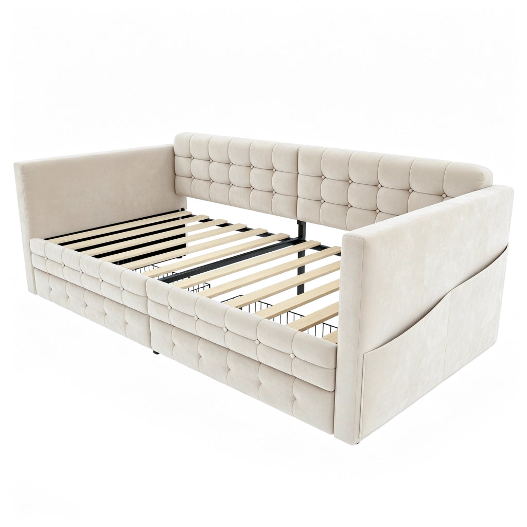 Letto panchina imbottito con 2 cassetti e tasche laterali LEMONMAX; 90x190 cm; sommier a doghe; velluto; beige
