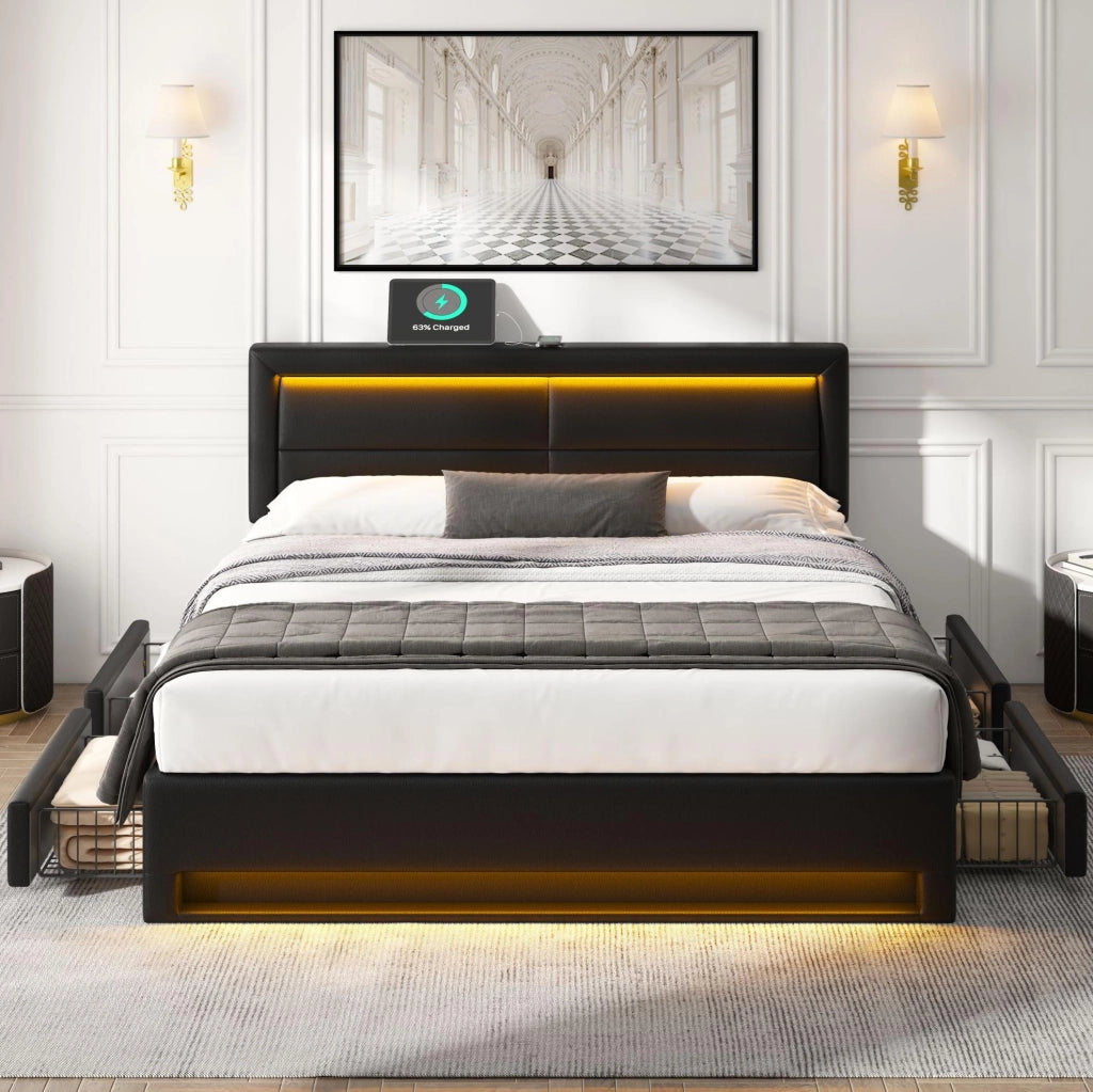 Letto imbottito 140x200 cm con LED, USB e 4 cassetti nero