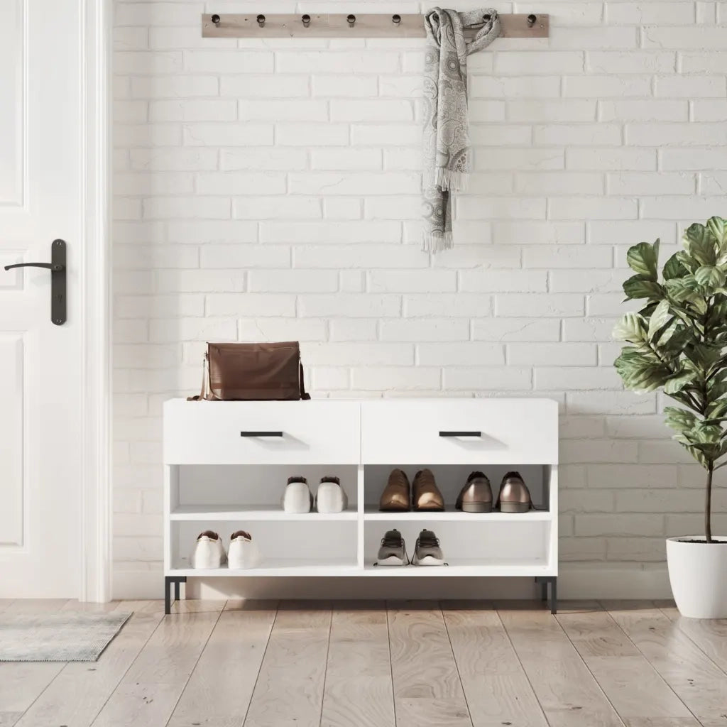 Panca Porta Scarpe | Scarpiera | Mobile per scarpe Bianco Lucido 102x35x55 cm Legno Multistrato