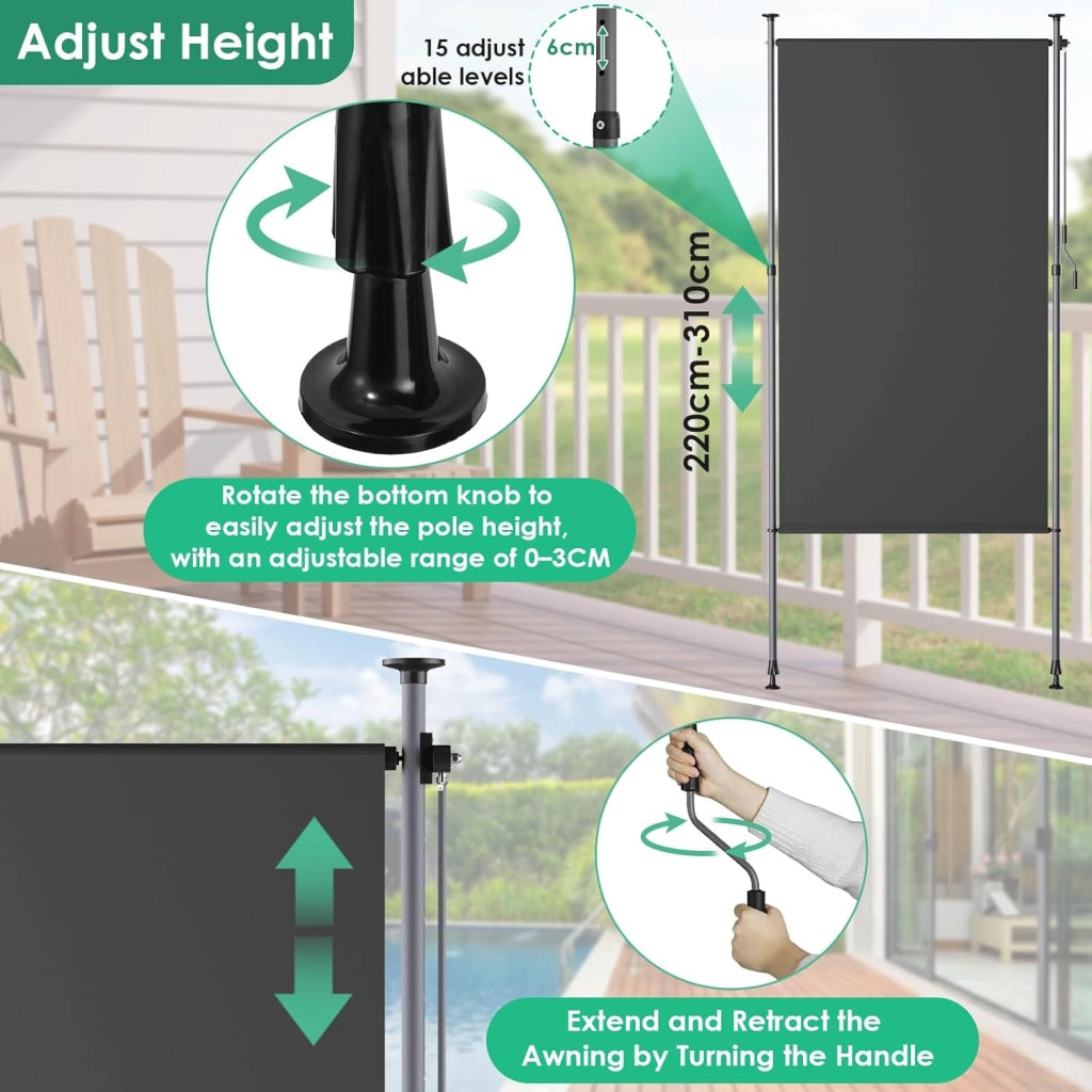 Tenda da sole verticale con morsetto, 150 x 310 cm, tenda da sole verticale allungabile, senza forature,con manovella, protezione solare dal vento, per balcone, giardino,terrazza