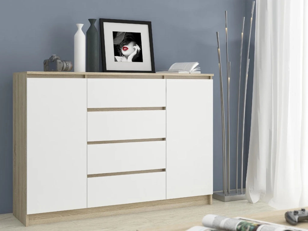 Cassettiera AKORD K140 Sonoma Quercia 138 cm 2 ante 4 cassetti inserto frontale Bianco 138x40x99 cm