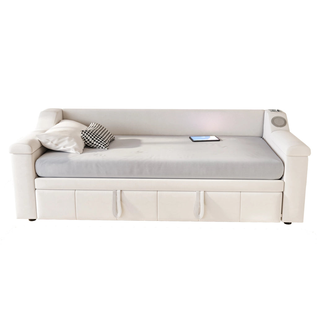 OKWISH Letto a Scomparsa 90×190 cm, Letto Singolo con Bluetooth, USB, Vani Portaoggetti e Braccioli, senza Materasso, Beige