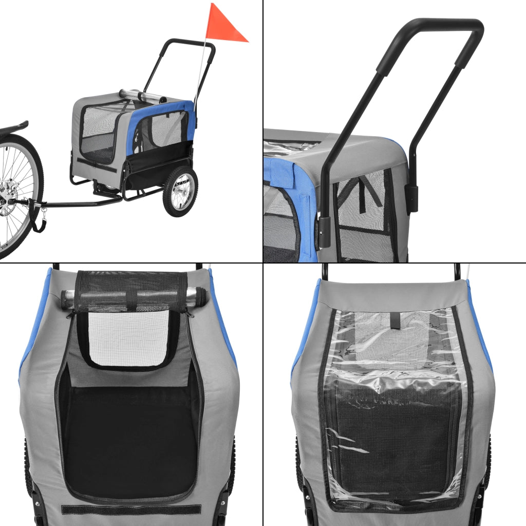 Rimorchio 2in1 per Bicicletta e Passeggiata per Cani e Animali Domestici Fino a 20 kg - Blu-Grigio-Nero pro.tec