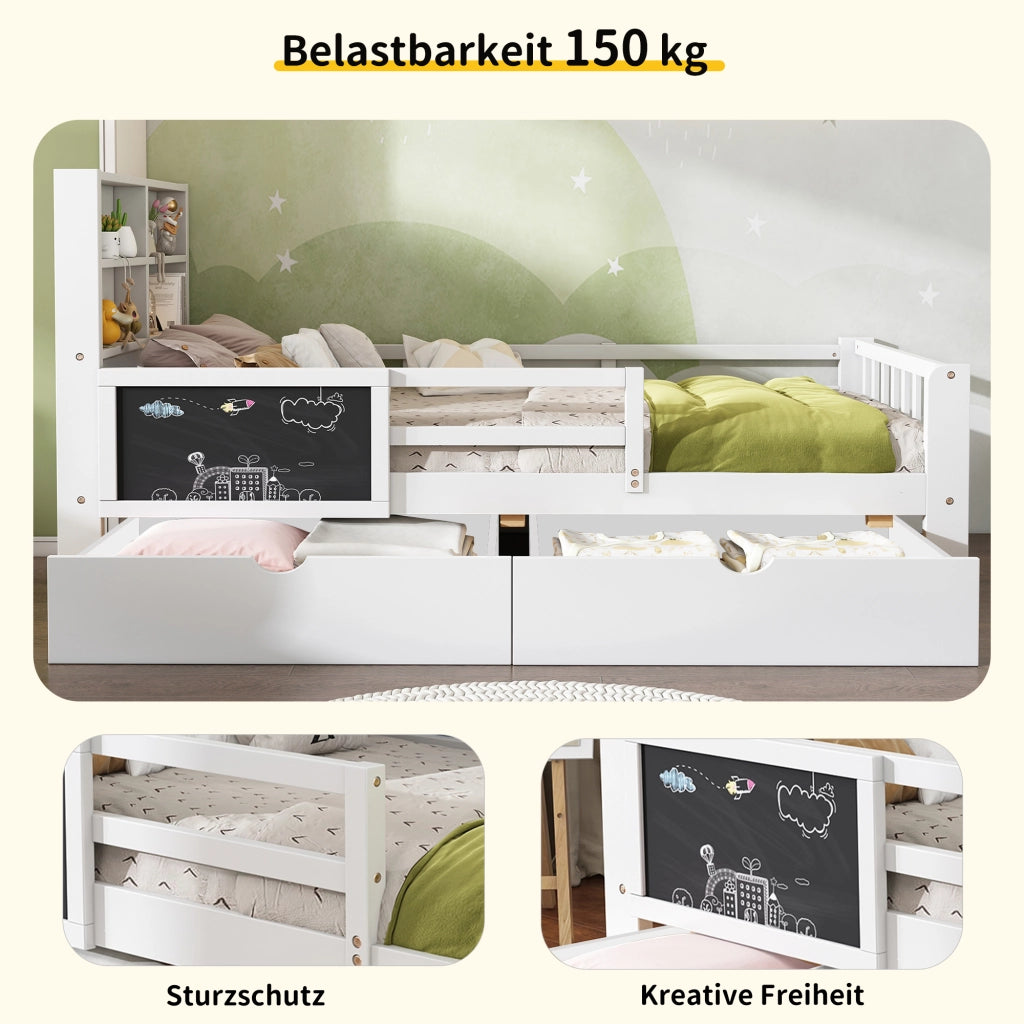 OKWISH Letto Bambino Singolo 90×200 cm con 2 Cassetti, Lavagna e Sponda di Sicurezza, senza Materasso, in Legno Massello e MDF, Bianco