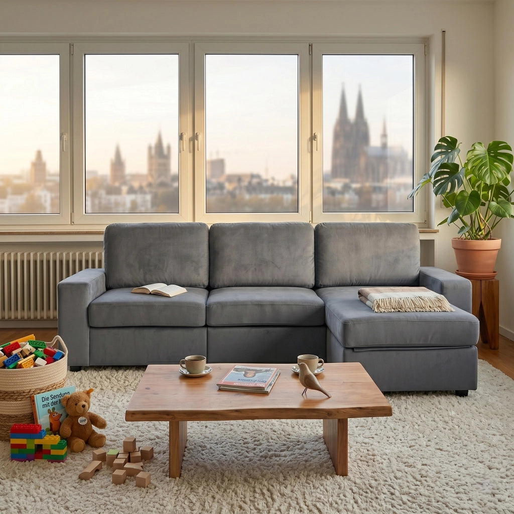 Divano angolare convertibile con contenitore, chaise longue reversibile in tessuto grigio
