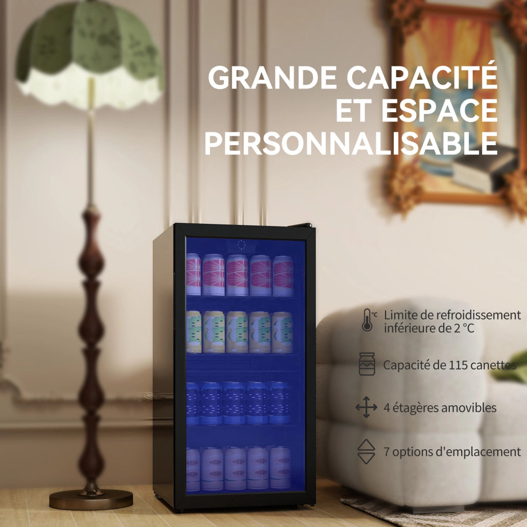 Frigo Bevande 93 Litri ¨C Zephmum ¨C 115 Lattine, Porta in Vetro, Scaffali Regolabili, LED, Nero