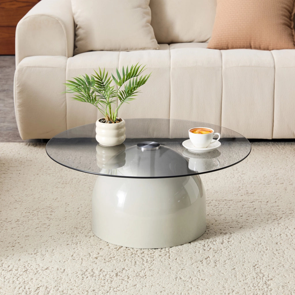 Tavolino basso rotondo con piano in vetro temperato e base semisferica antiscivolo, grigio Ø 70 × 30 cm