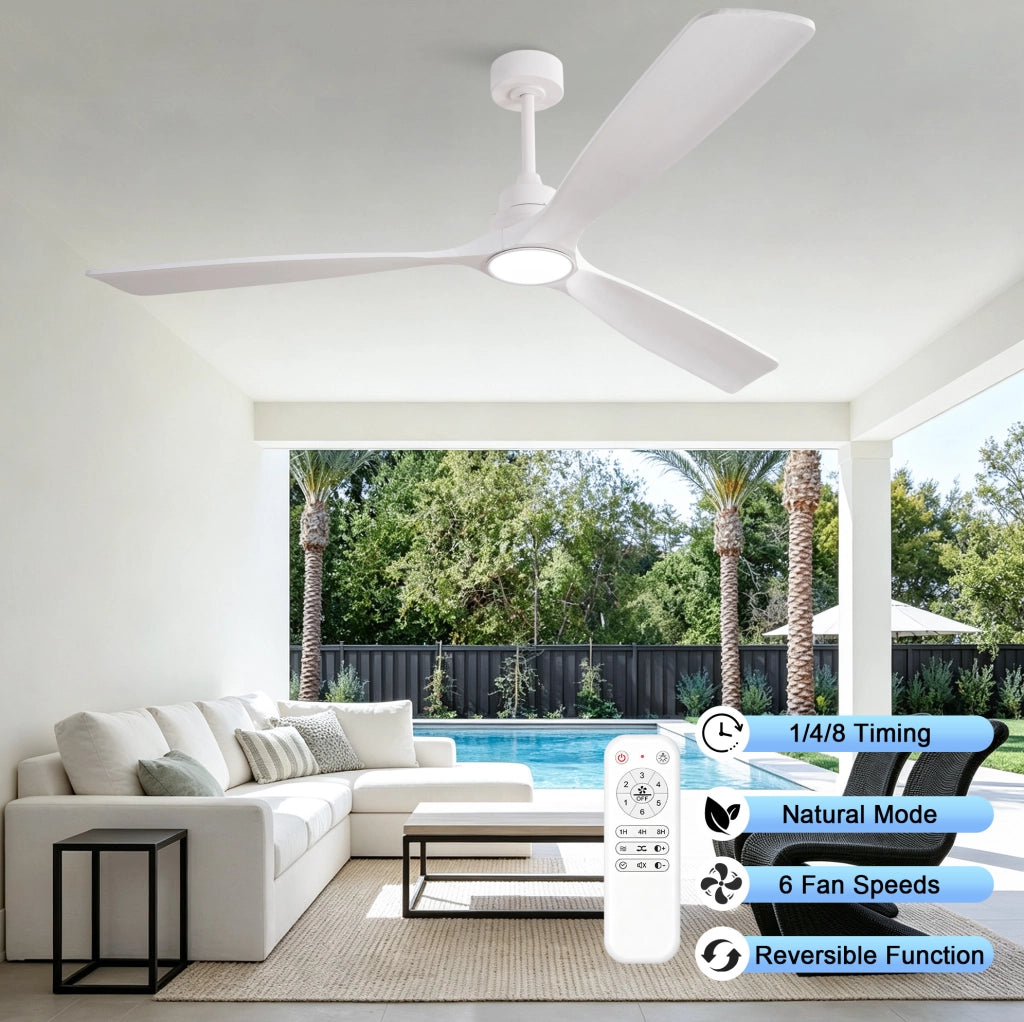 Ventilatore da soffitto 70 pollici con luce LED, telecomando, legno e metallo, bianco