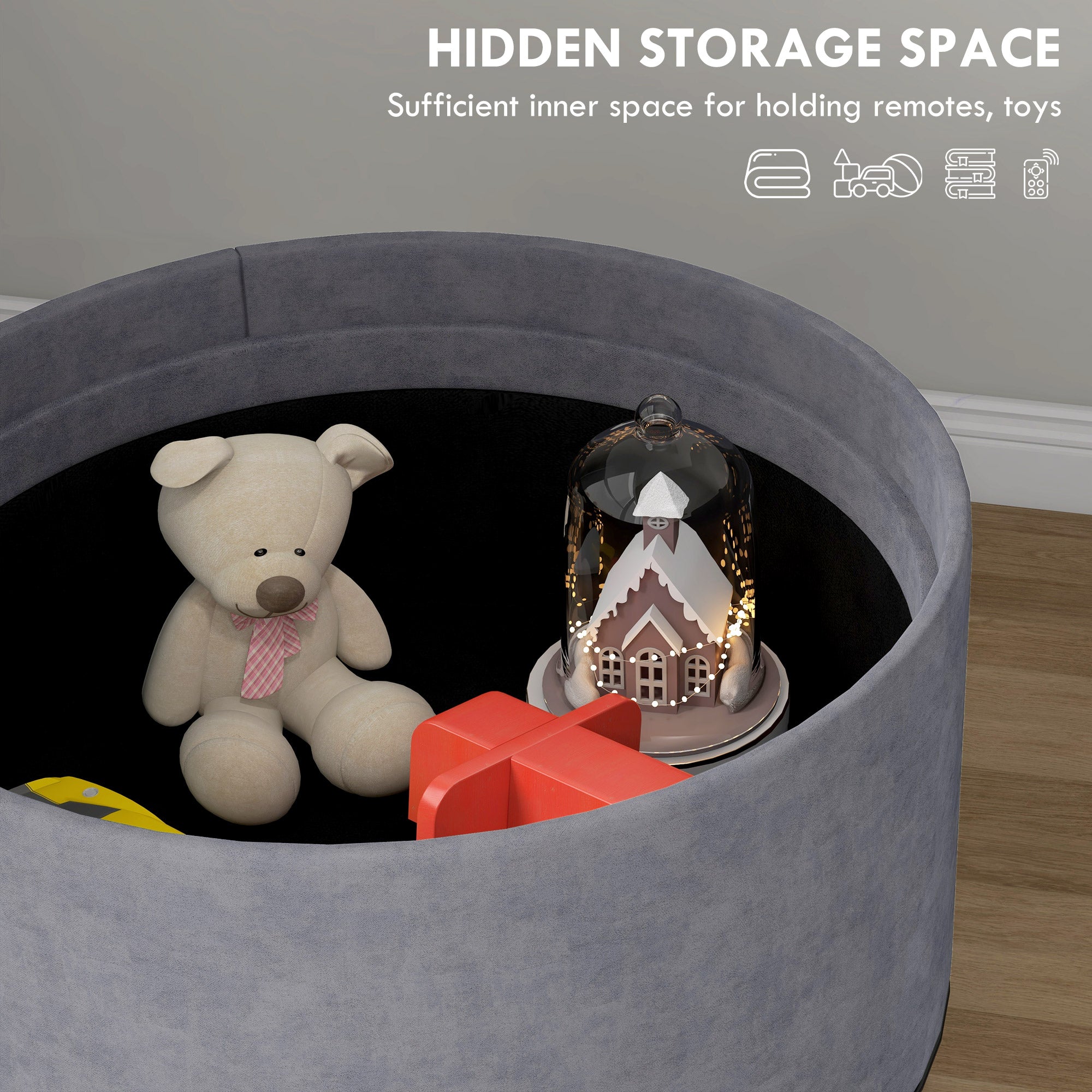 Pouf Contenitore Vellutato da 120 kg max 56x56x42 cm con Vassoio a Ribalta in MDF e Rovere Grigio