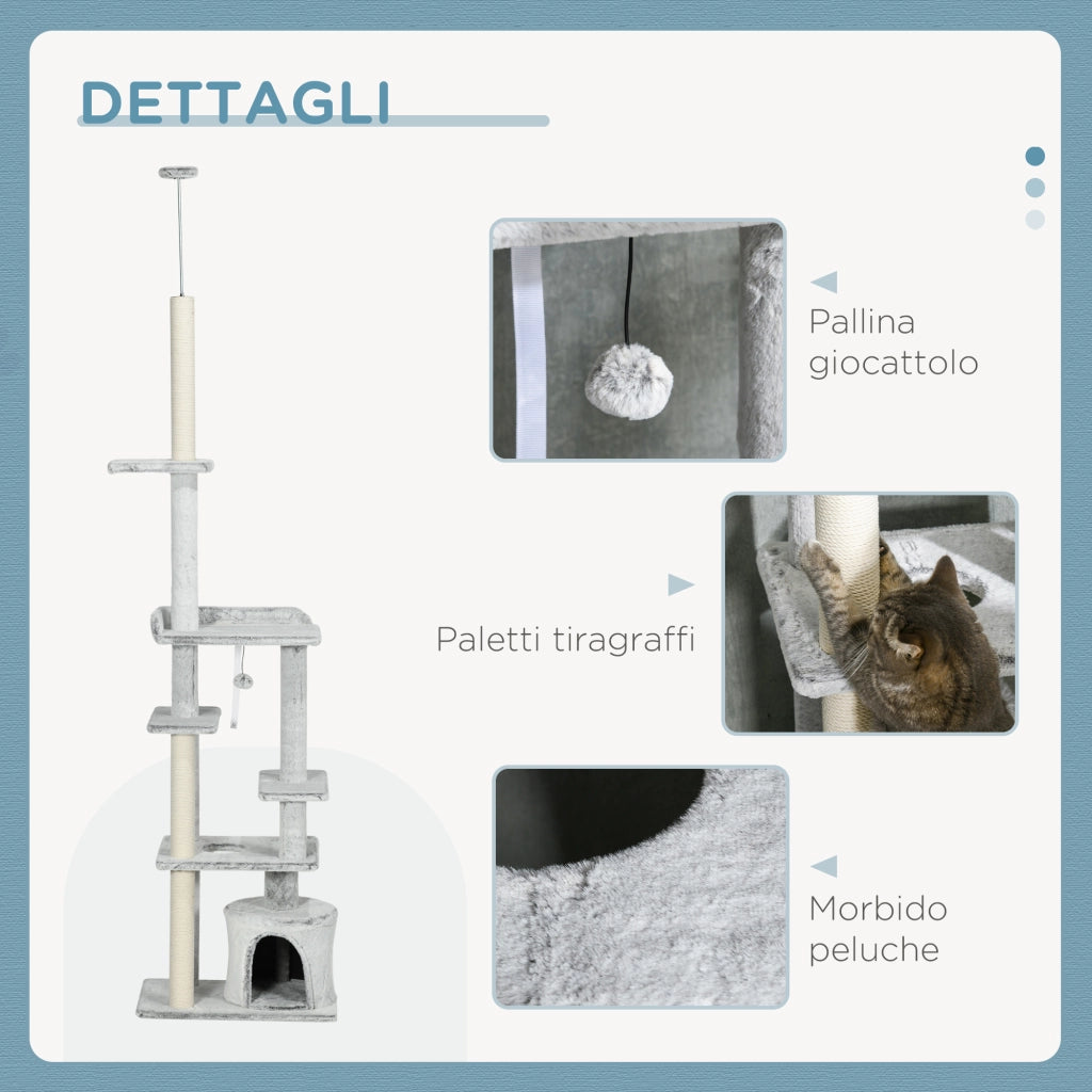 Albero Tiragraffi per Gatti a Soffitto con Piattaforme e Casetta ¨C zephmum ¨C Grigio 60x40x225-255cm