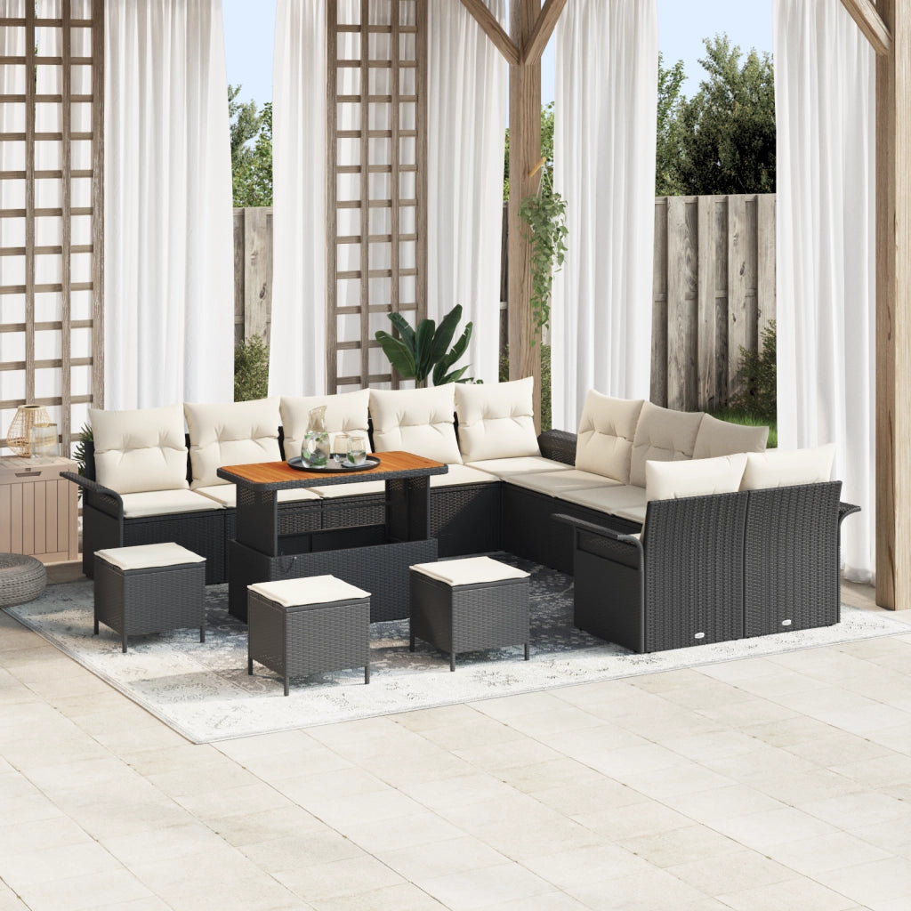 Set di 14 pezzi di divano da giardino con cuscini neri Polyrattan Acacia