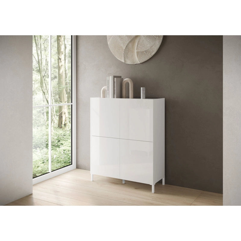 Credenza alta moderna 4 ante 90x35x110 cm Solaria - Bianco Lucido