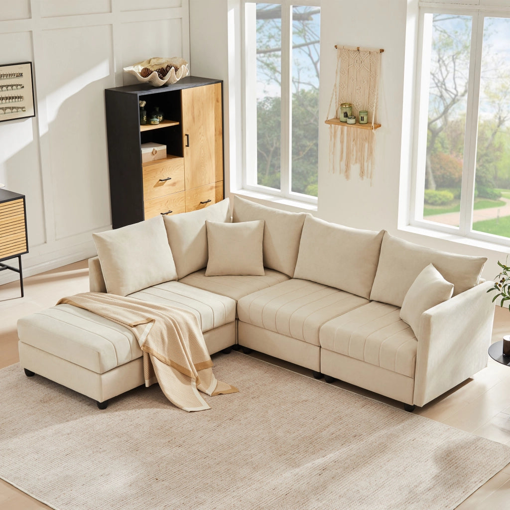 DIVANO Modulare 5 Posti 220x194x85 cm Beige con Pouf Mobile