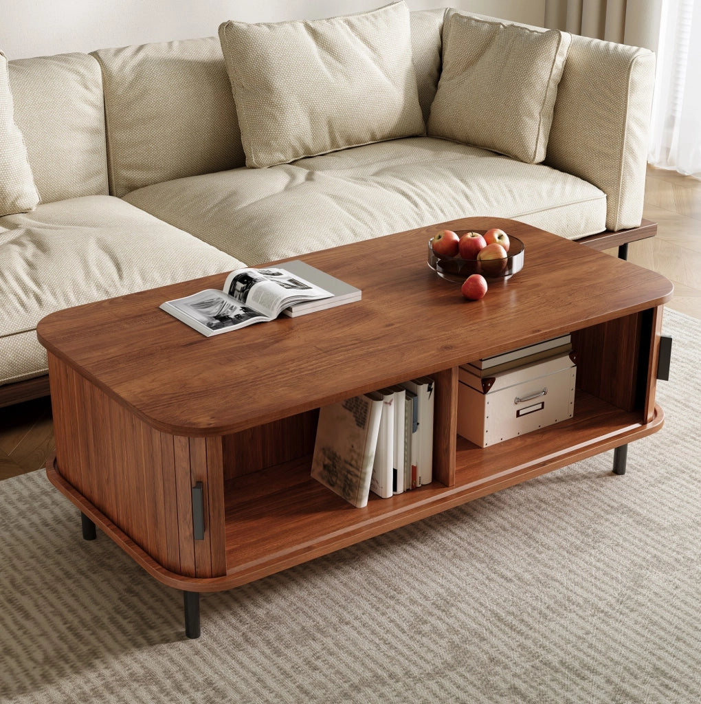 Tavolino da salotto 120x55x45 cm con ante scorrevoli; vano contenitore; MDF e pannello truciolare; noce