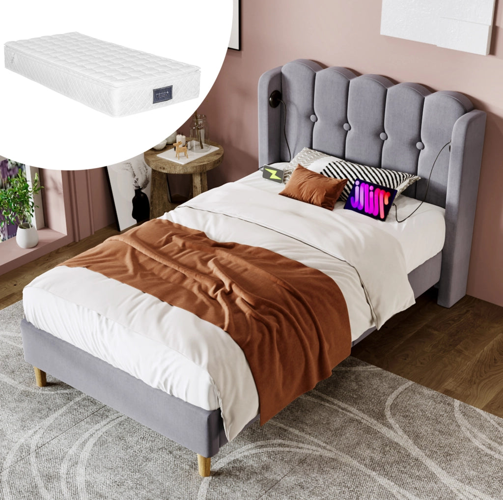 Letto singolo imbottito grigio 90x200 cm con USB e Type-C