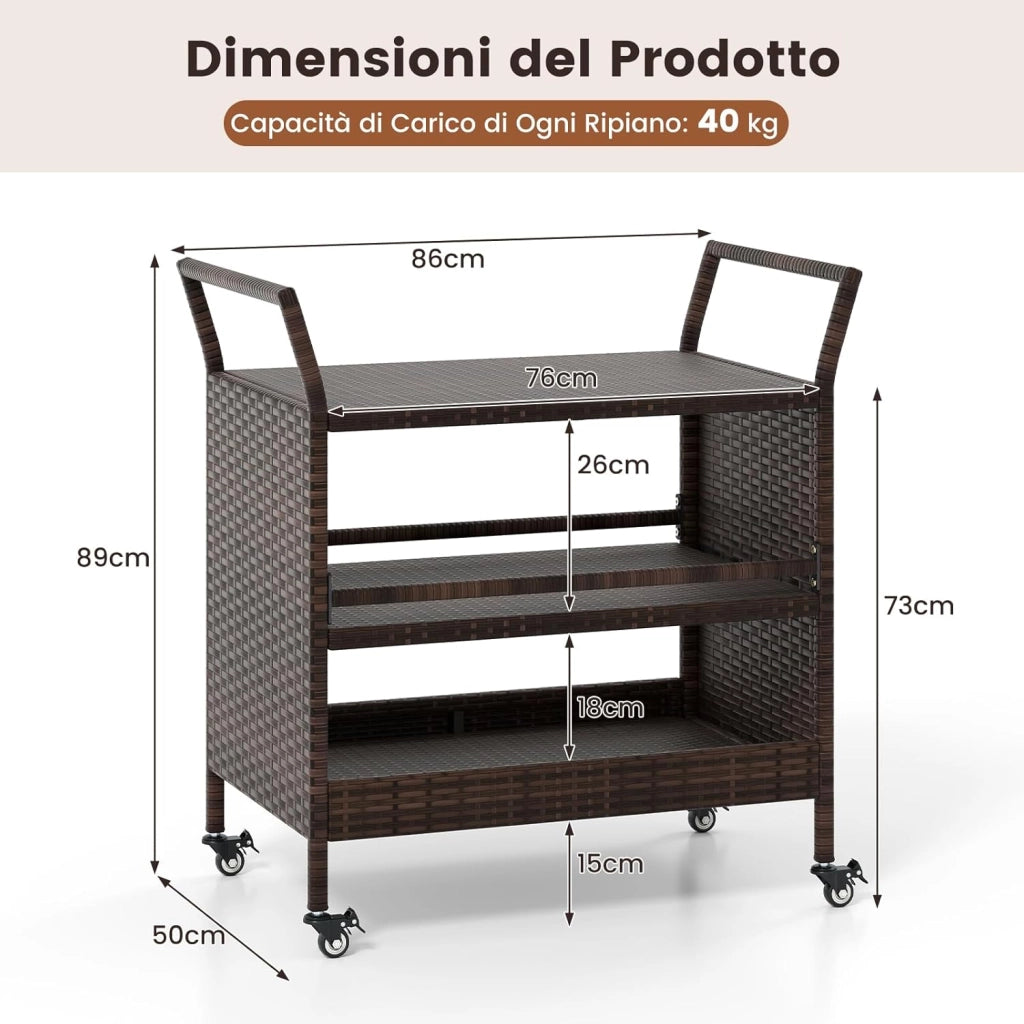Carrello da Bar da Esterno, Mensola di Stoccaggio in Vimini con 3 Livelli Ruote e Maniglie Laterali, Tavolino da Servizio per Giardino Bordo Piscina Veranda, 86 x 50 x 89 cm