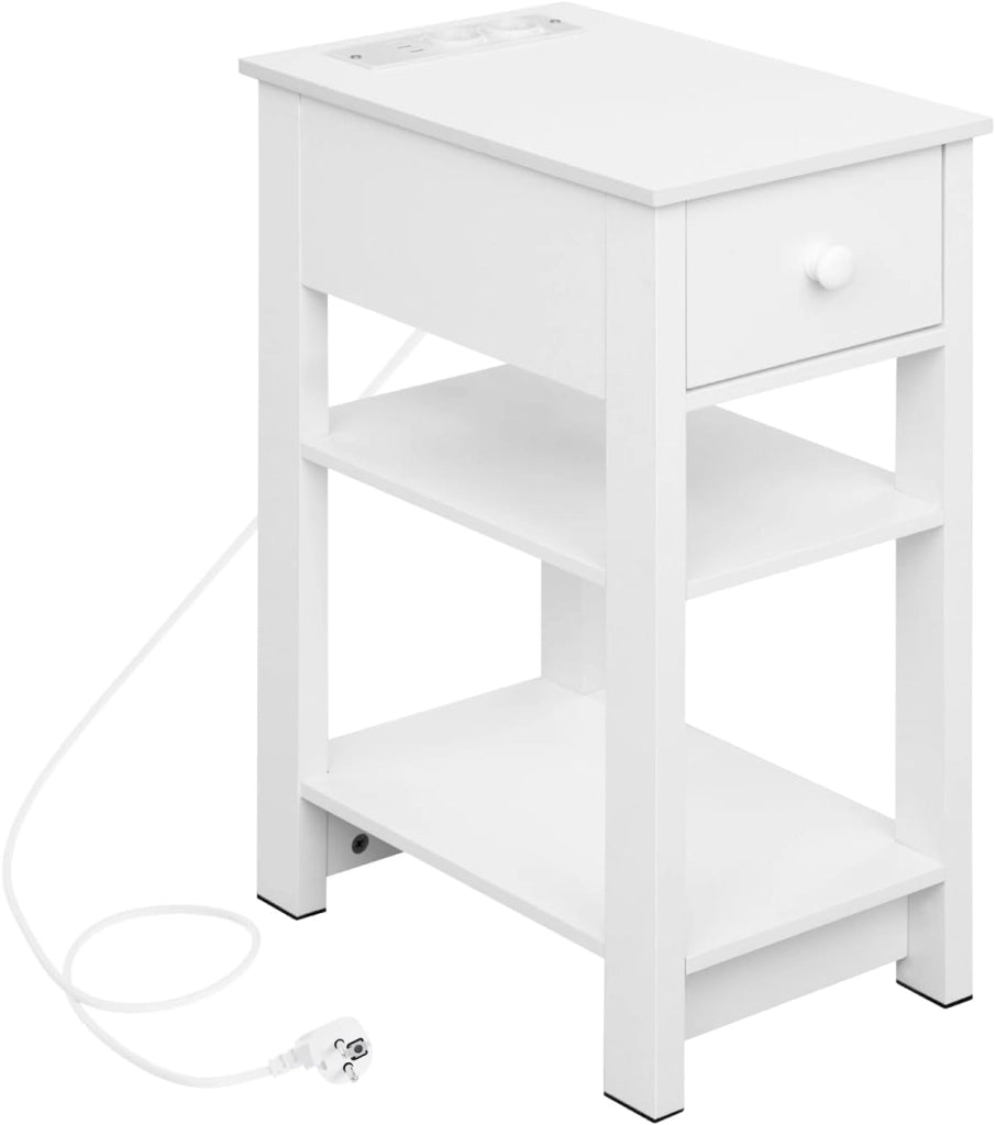 Comodino con Prese Integrate e Porte Usb, Comodino con Cassetto e Ripiani, Tavolino per Piccole Stanze, Camera da Letto, Soggiorno, Bianco, 30x45x65cm, NTS20ws