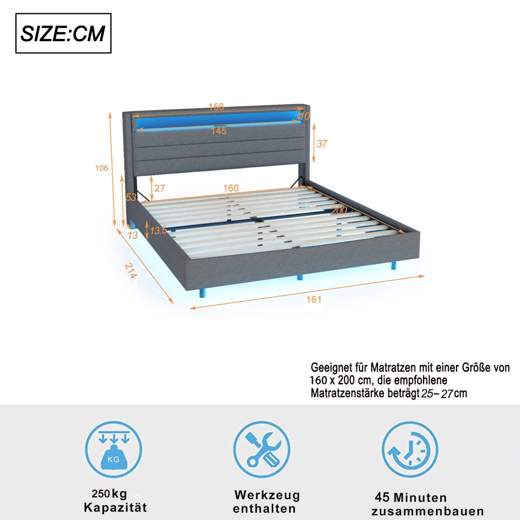 LETTO Imbottito 160x200 cm Grigio con USB e luci LED