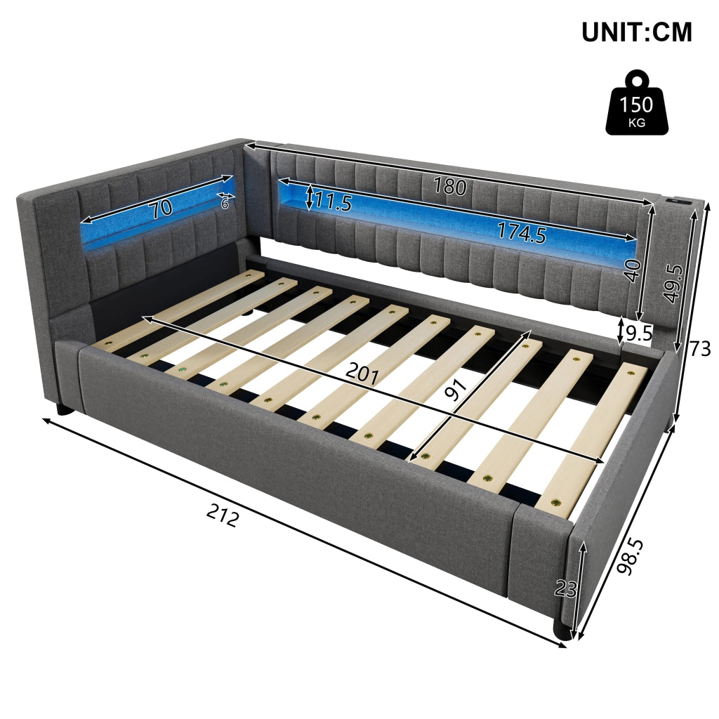 OKWISH Letto a Divano 90×200 cm, Letto Singolo con Contenitore, USB, Tipo C e LED Regolabile, senza Materasso, in Lino, Grigio