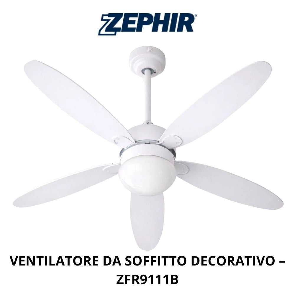 Ventilatore da soffitto zephir zfr9111m e zfr9111b 70w 5 pale legno con luce *** colore bianco, confezione 1