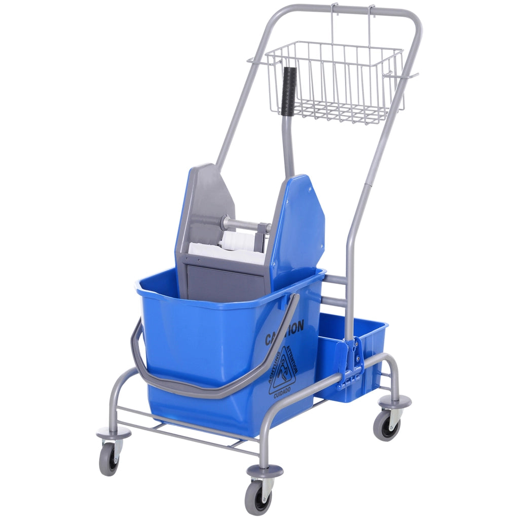 Carrello per pulizia con secchio da 25 L, strizzatore e 4 ruote blu