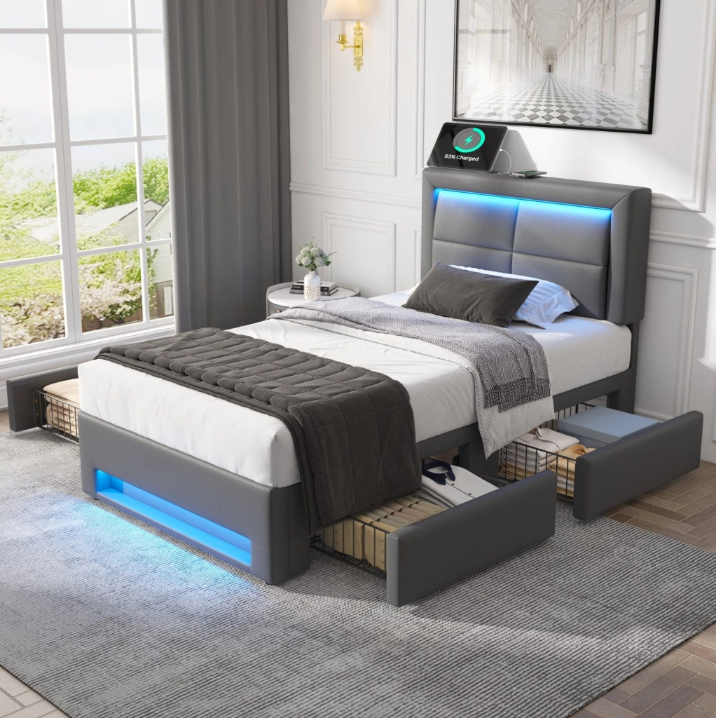 Letto imbottito 90x200 cm con LED; ricarica USB cablata e wireless; 4 cassetti; similpelle grigia