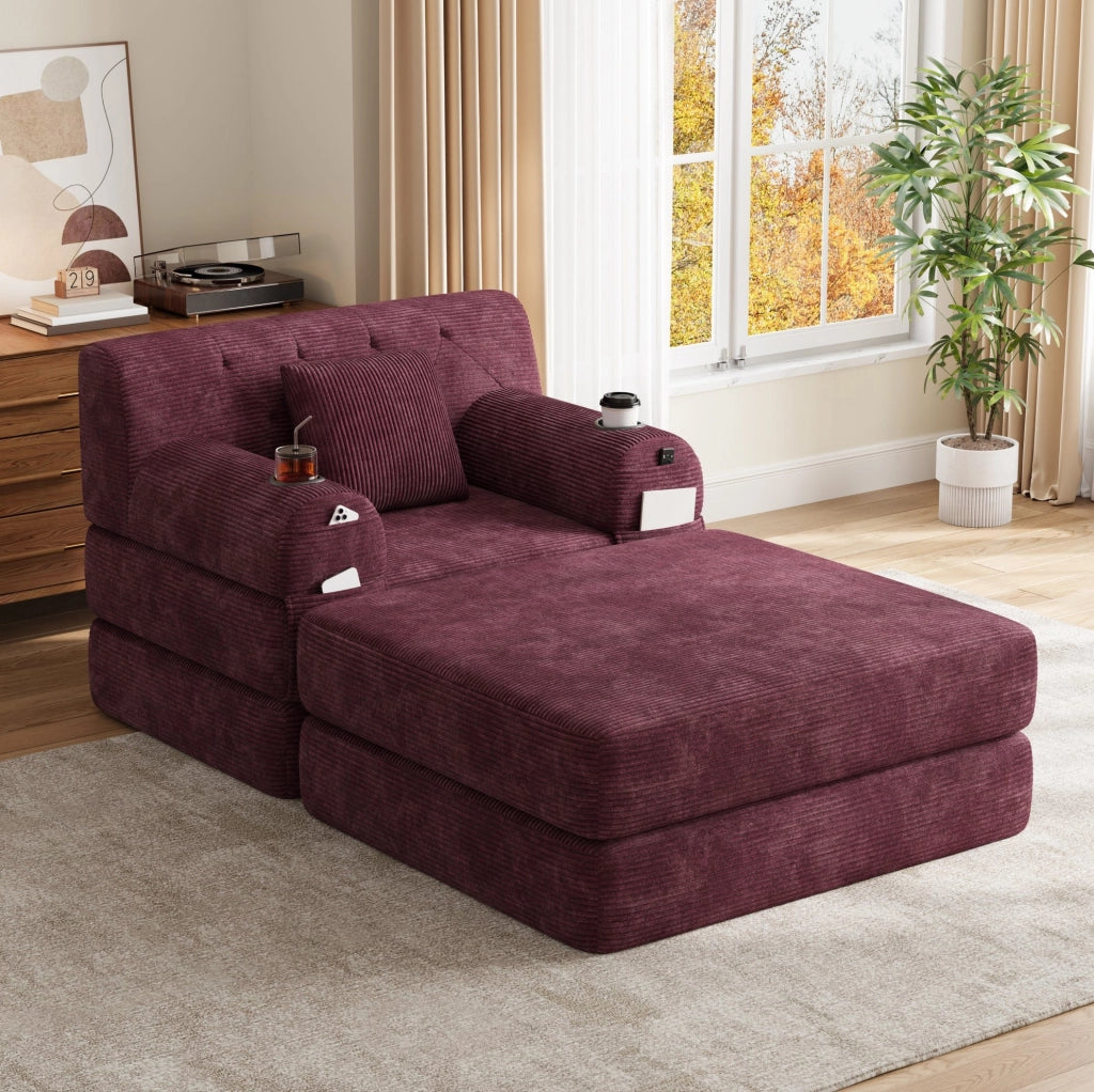 Poltrona letto 162 cm rosso vino in velluto a coste; funzione letto e portabevande
