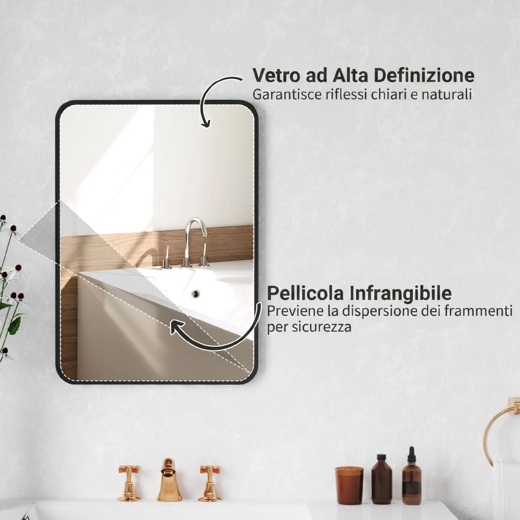 Specchio Bagno con Cornice in Metallo e Gancio, 50x2.5x70 cm, Nero