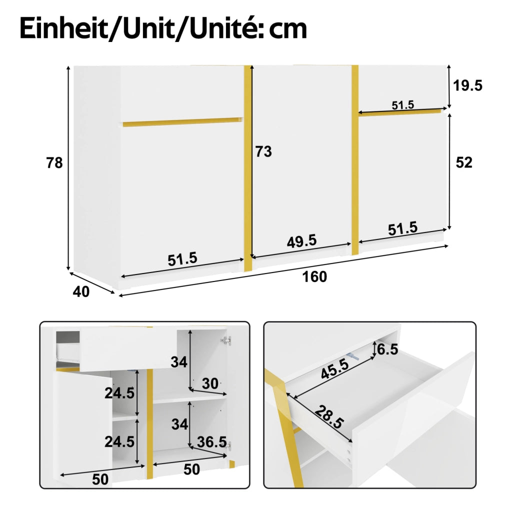Credenza 160x40x78 cm bianco in MDF, 3 ante e 2 cassetti
