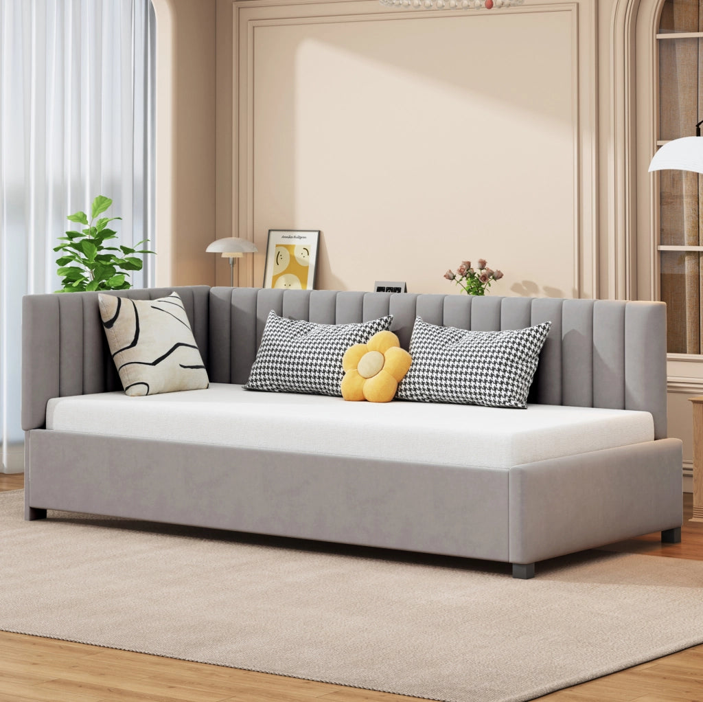 Letto imbottito 90x200 cm con rete a doghe; in velluto grigio