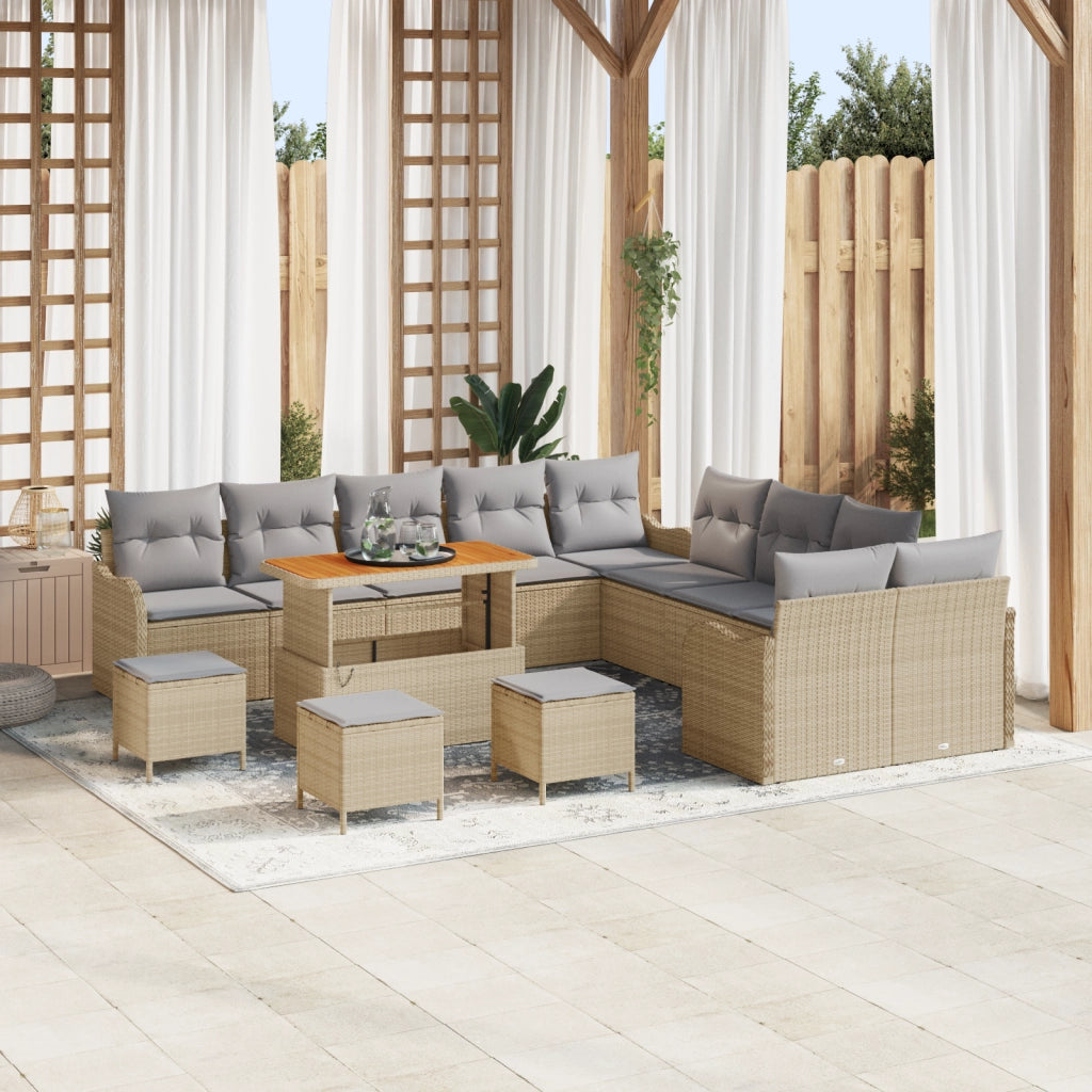 Set Divano da Giardino  da 14 Pezzi con Cuscini Beige Polirattan Acacia
