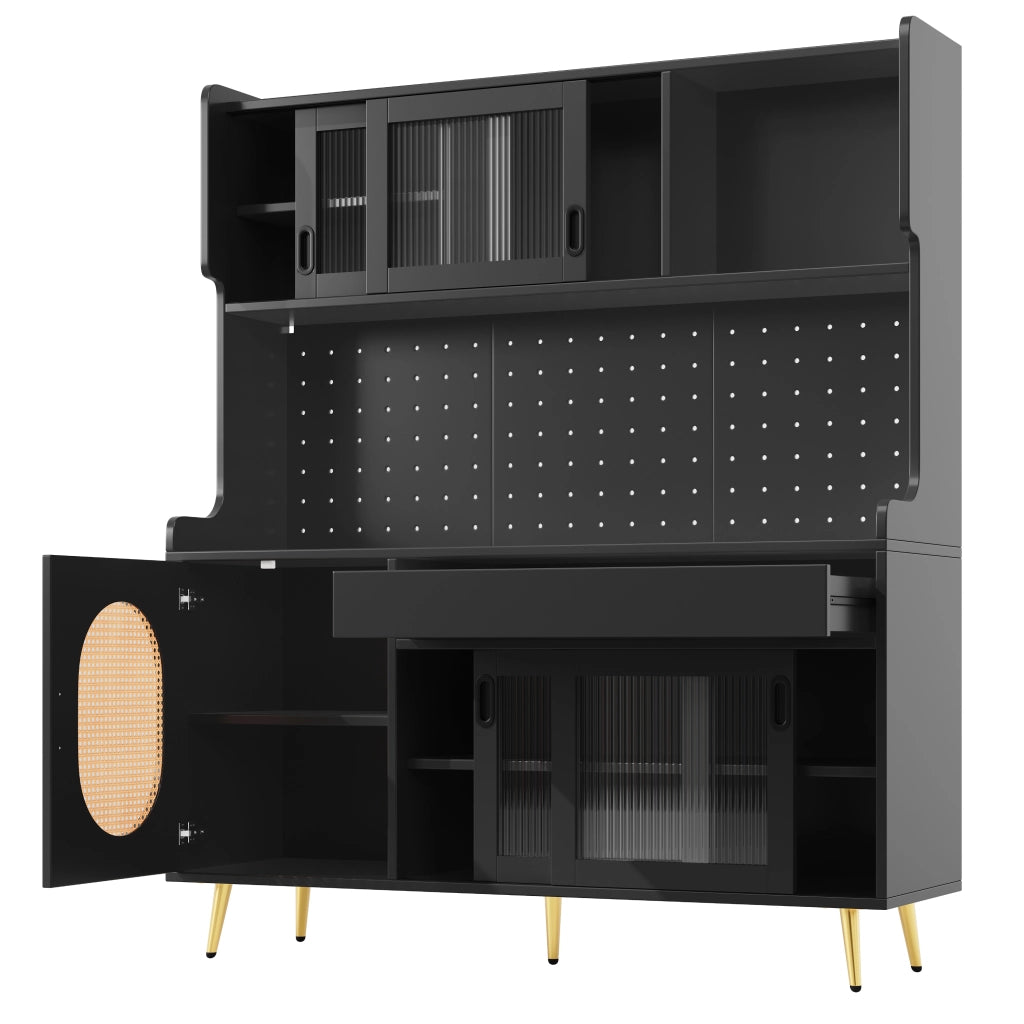 Credenza con LED e grande capacità contenitiva in MDF nero per cucina e soggiorno 145 × 39 × 171 cm