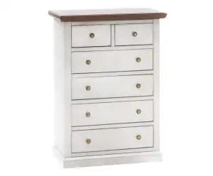 cassettiera cinquino in legno Shabby chic bicolore bianco anticato e noce ante liscie