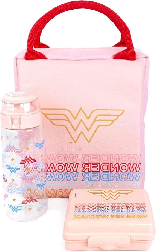 Zak da Costa per il pranzo - Stile Tote Rettilineo - Set 3 pezzi - Ombrello e contenitore per snack - Supereroe - Disegno di scudo Rosa - Adulti e bambini - Materiale sostenibile Borsa da pranzo portatile