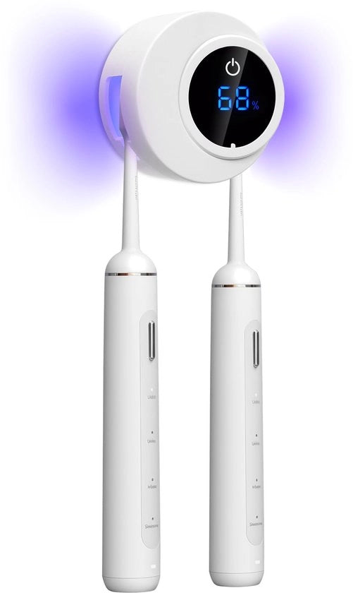 Tenuta per spazzola da denti UV con funzione di sterilizzazione per installazione a parete - 6 ore di disinfezione automatica, copertura UVC di 180°, installazione senza foro, 2 compartimenti per spazzole da denti elettriche, per bambini e adulti.