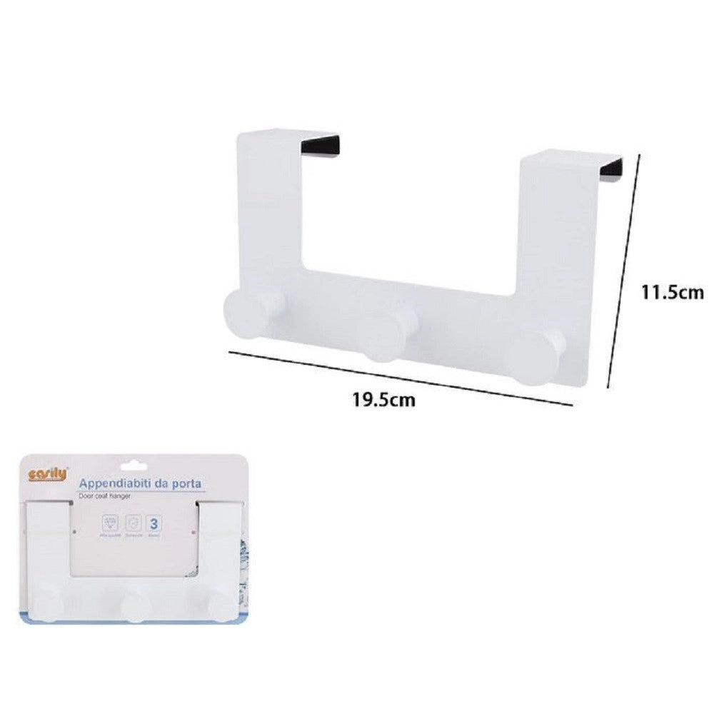 Trade Shop - Appendiabiti Da Porta Con 3 Ganci 19.5x11.5 Cm Bianco Asciugamani Vestiti 87780 -