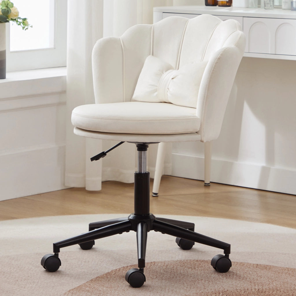 SEDIA Girevole Regolabile in Altezza in Velluto Beige con Cuscino Lombare