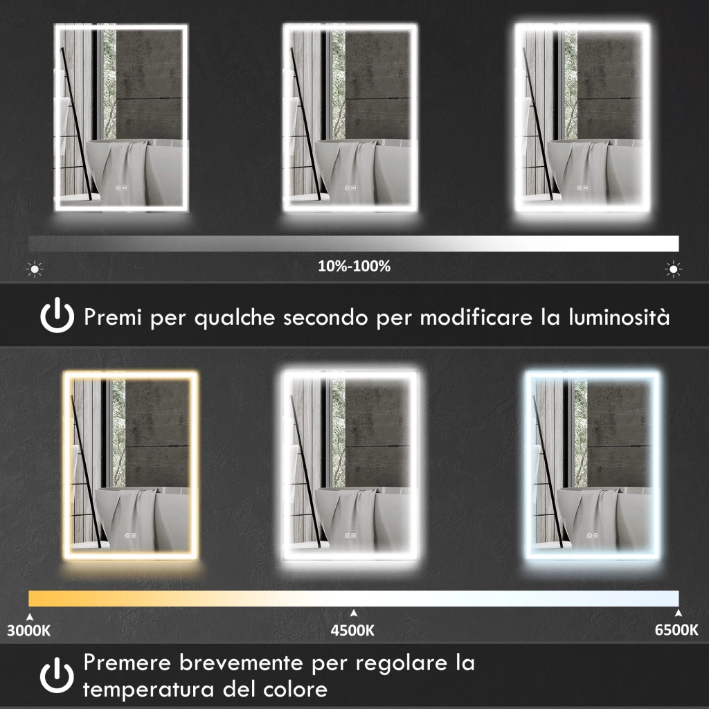 Armadietto da Bagno con Specchio Luci LED Regolabili e Funzione Anti-Appannamento in Alluminio Nero