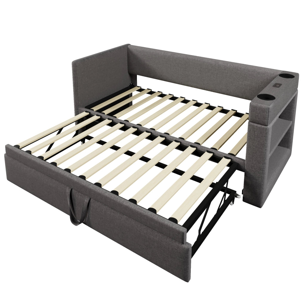 Divano letto 90x190 cm con letto estraibile e stazione di ricarica in cotone e lino grigio