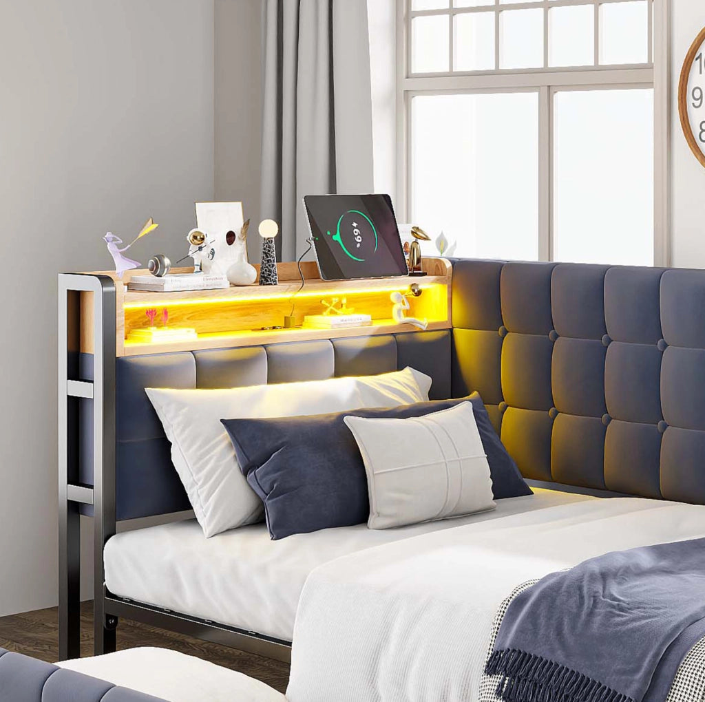 Divano letto imbottito 90x200 con LED, 2 cassetti e presa USB/Type-C