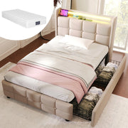 Letto Imbottito Singolo con LED, USB, Cassetti e Materasso ¨C MINIMAL ¨C Beige 90x200, Doghe in Legno