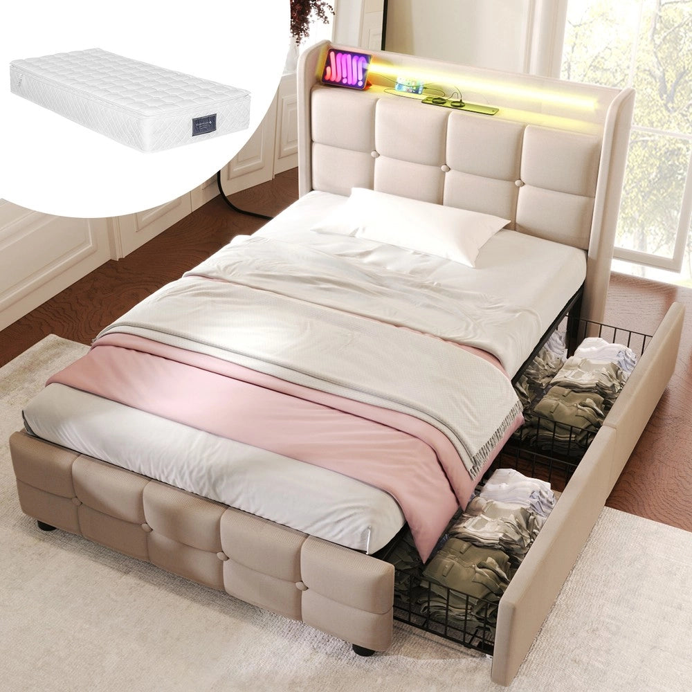 Letto Imbottito Singolo con LED, USB, Cassetti e Materasso ¨C MINIMAL ¨C Beige 90x200, Doghe in Legno