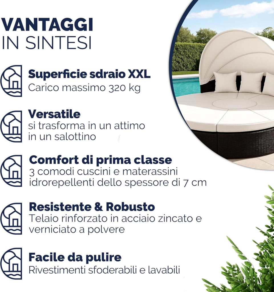 Isola Prendisole Polyrattan Ø230 Baldacchino Cuscini Lettino Set Lounge Componibile
