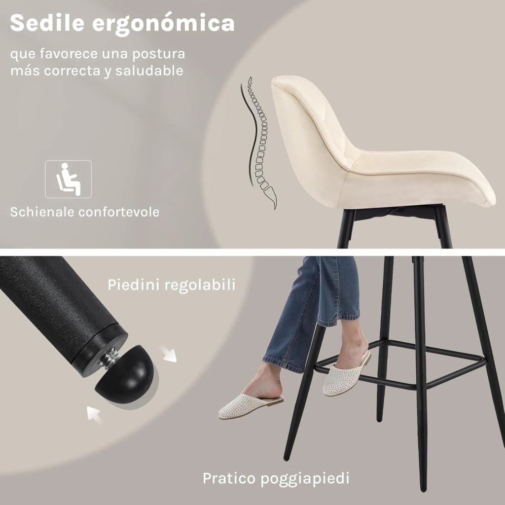 Sgabelli cucina, Sgabelli Bar con Schienale Sedia da Cucina con Poggiapiedi Sgabello Alto Imbottito Sedia in Velluto con Gambe in Metallo per Bistrot Pub Sala da Pranzo, Crema
