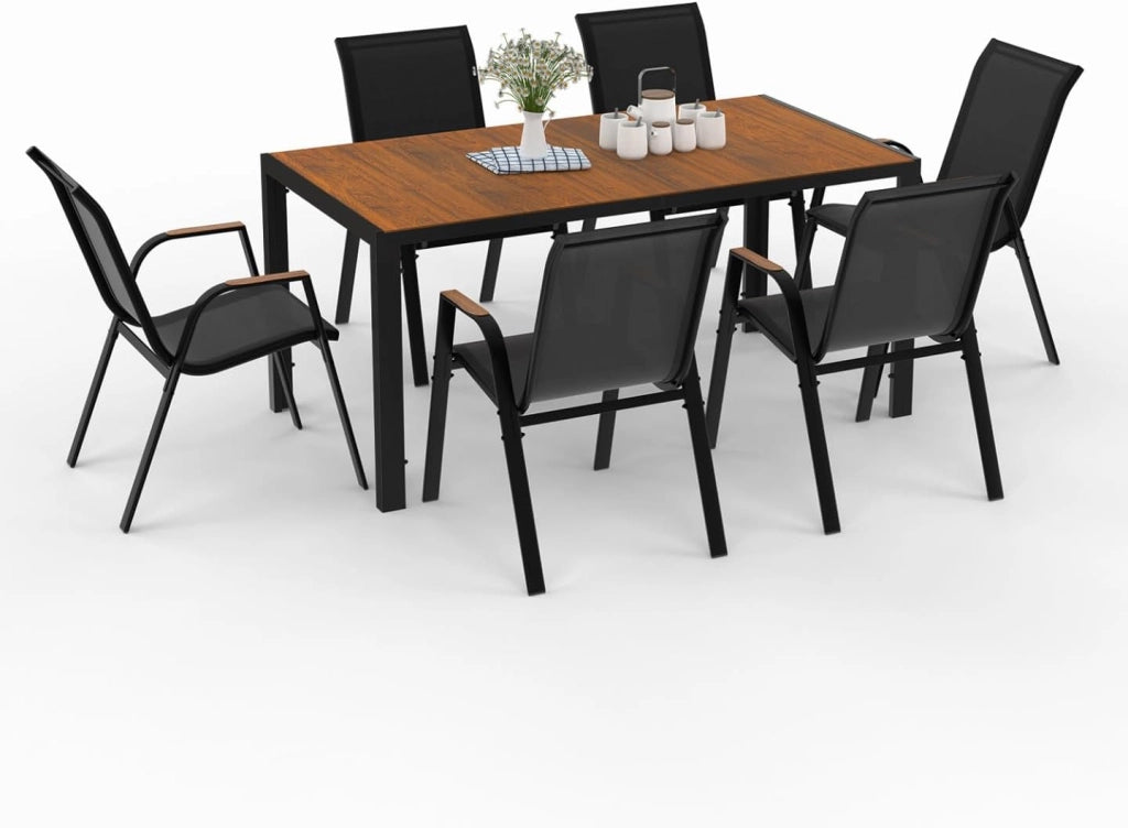 Set di mobili da Giardino NOUMEA - Tavolo da 150 cm con Piano in Vetro temperato Effetto Legno e 6 sedie impilabili in Legno e n